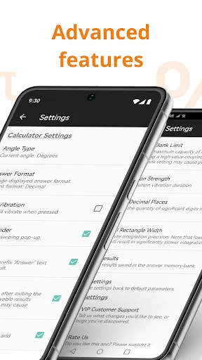 Advanced settings menu in Full Scientific Calculator app with customizable options including calculator settings, angle type, number format, and appearance preferences