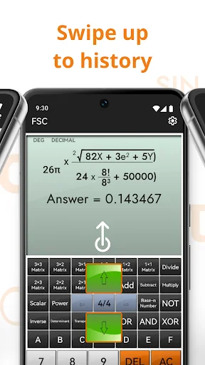 Full Scientific Calculator history feature with swipe up gesture indicator showing previous calculations stored and accessible for reference