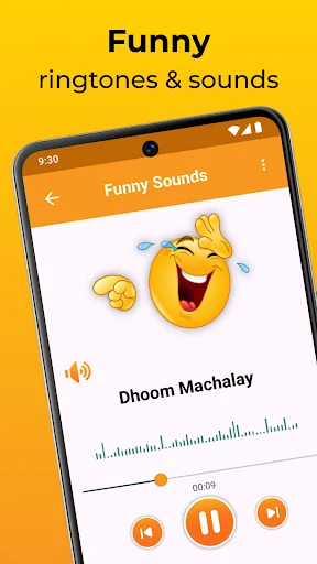 Funny ringtone player displaying Dhoom Machalay sound with laughing character, waveform visualization, and playback controls