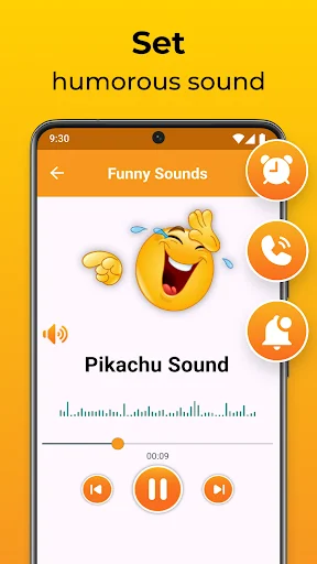 Pikachu Sound ringtone player with audio waveform visualization and controls for setting humorous notification sounds