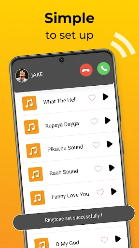 Funny ringtone selection list with heart favorites and play buttons, showing successful ringtone setup confirmation message