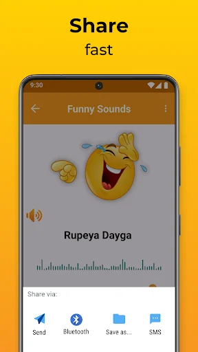 Share funny Rupeya Dayga ringtone via Bluetooth, SMS, Send, or Save options in personalization mobile app