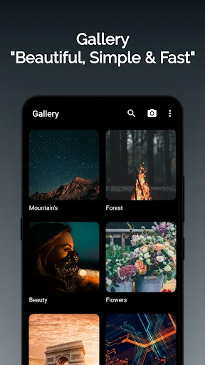 Gallery app home screen showing organized photo categories including Mountains, Forest, Beauty, and Flowers collections in a grid layout
