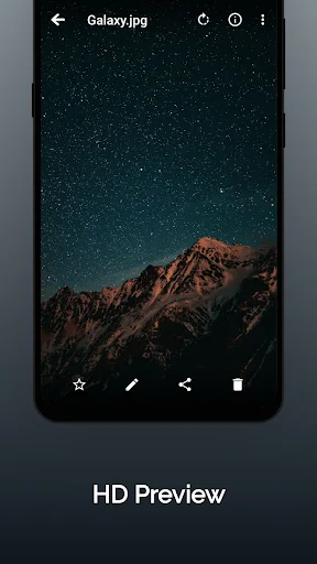 HD photo preview of a starry night sky above mountain landscape with favorite, edit, share, and delete action buttons