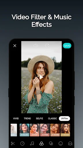 Video editor with filter and music effects interface including VIVID, TREND, SELFIE, CLASSIC, and NYLON filter presets