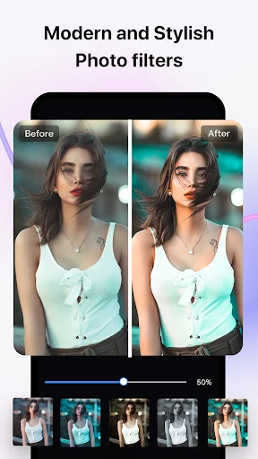 Photo filter editor showing before and after comparison with modern stylish filter effects and adjustment slider controls