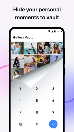 Gallery Vault security feature with PIN pad interface to hide personal photos and moments with password protection