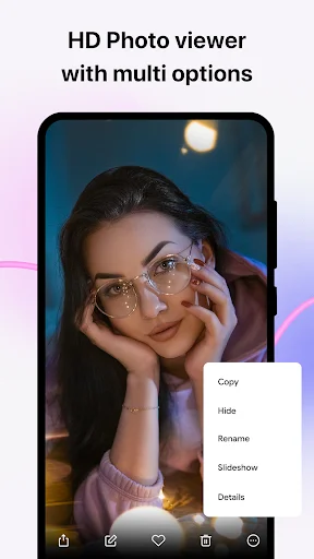 HD photo viewer displaying a portrait photo with context menu options including Copy, Hide, Rename, Slideshow, and Details