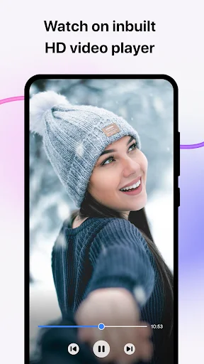 Built-in HD video player interface with playback controls, progress bar, and video timeline for watching videos