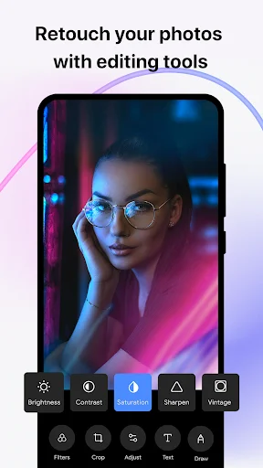 Photo editing tools interface showing adjustment options for Brightness, Contrast, Saturation, Sharpen, Vignette, and Filters