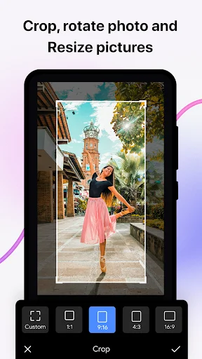 Crop and rotate photo tool with aspect ratio options like Custom, 1:1, 9:16, 16:9 for resizing pictures