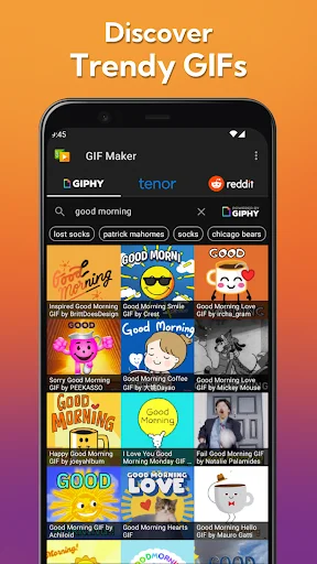 Discover trendy animated GIFs in GIF Maker app with category tags, search, and GIPHY/Tenor source filters