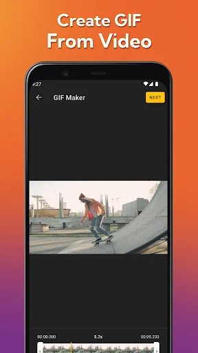 GIF Maker video to GIF creation screen showing skateboard video preview with timeline controls