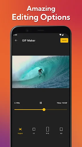 GIF Maker editing interface with surfing video preview, playback controls, and four editing tool options