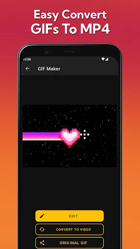 GIF Maker conversion interface with three action buttons for editing, converting to video, or viewing original GIF