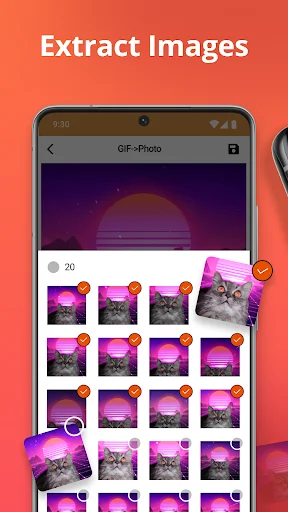 Frame extraction grid displaying 20 selected images from GIF with individual frame export controls