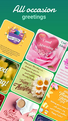 All occasion greetings card collection with Good Morning, Good Night, Birthday, Thanksgiving designs and more