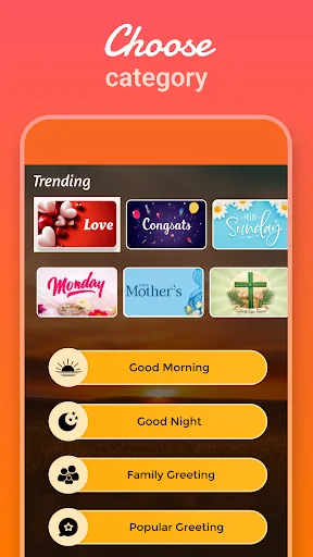 Category selection screen showing Good Morning, Good Night, Family Greeting, and Popular Greeting filter options