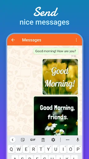 Messages view displaying Good Morning greeting card examples ready to send with keyboard for text input