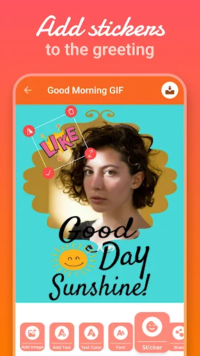 GIF greeting editor with sticker options including emoji smileys, hearts, and flower decorations for personalization