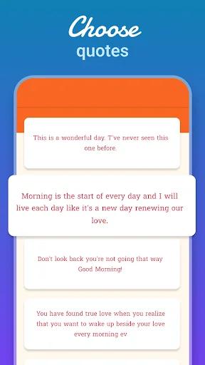 Quote selection screen with inspirational Good Morning messages and love quotes for greeting customization