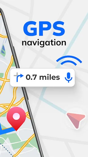 GPS voice navigation interface showing 0.7 miles distance with voice command button and signal icon for guidance