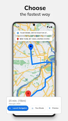 Route planning screen showing fastest 25-minute route option with launch navigation button and preview feature