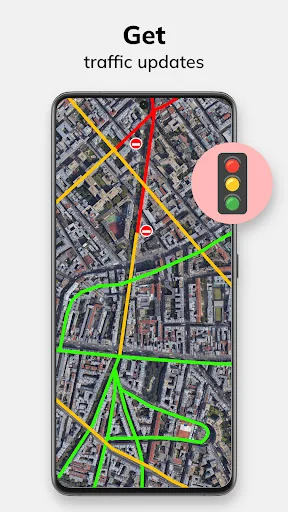 Traffic map display with color-coded routes showing congestion in red and clear roads in green conditions