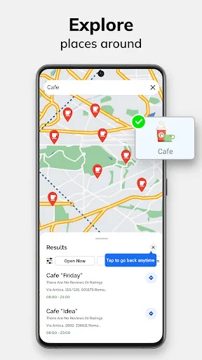 Map view for exploring nearby places showing cafe locations with pins, search results, and detailed venue listings