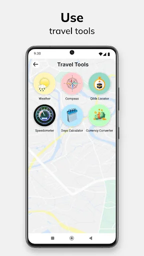 Travel tools dashboard showing Weather, Compass, Quick Locator, Speedometer, Days Calculator, and Currency Converter