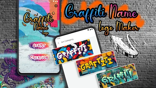 Graffiti Name Logo Maker app showcase with colorful graffiti text styles, sketch and creator features on brick wall background