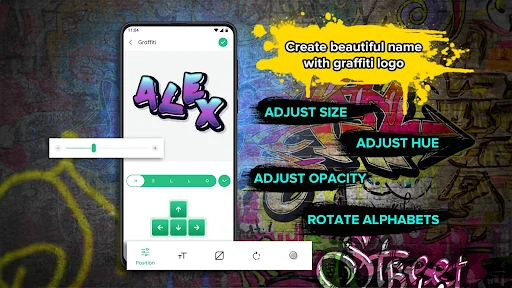 Graffiti name editing interface displaying AKE design with size, hue, opacity adjustment controls and rotate alphabets tool