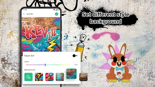Graffiti name editor with KEVIAL design showing multiple colorful background style options for custom graffiti logo creation
