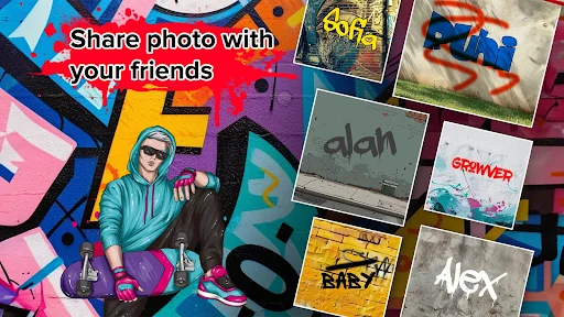 Share graffiti name creations with friends feature showing gallery of colorful user-created graffiti logo designs