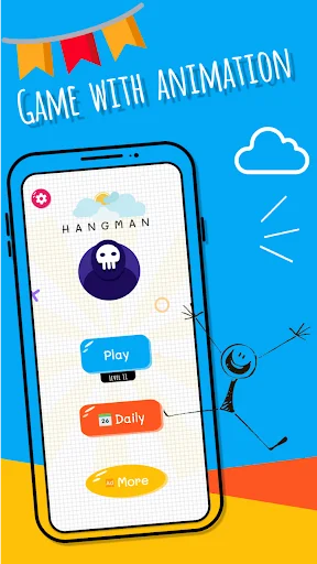 Hangman game home screen with Play, Daily, and More buttons featuring animated stick figure and decorative game graphics