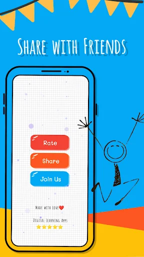 Hangman app social features screen with Rate, Share, and Join Us buttons to engage friends and earn game rewards