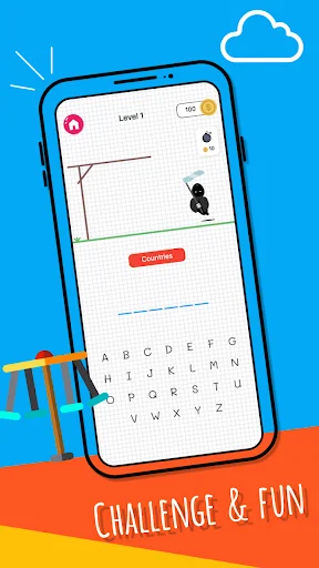 Hangman Level 1 gameplay showing gallows drawing, hidden word blanks, and full alphabet keyboard for letter guessing challenge