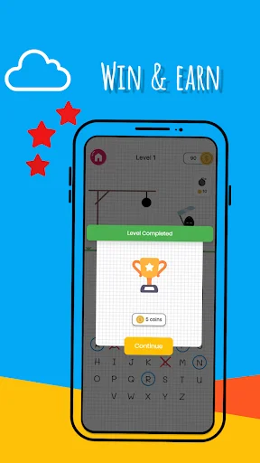 Hangman victory screen displaying Level Completed message with trophy icon, earned coins, and Continue button for progression