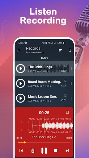 Voice recorder playback interface showing recordings list, waveform visualization, and listening controls