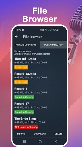 File browser showing audio files with folder organization, file locations, import, download, and delete options