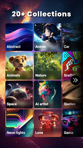 20+ Wallpaper Collections - Grid menu showing diverse categories including Abstract, Anime, Nature, Space, and more themes