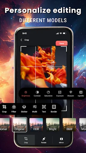 Wallpaper editor with crop, filter, slider, text, border tools and preset filter options for image personalization