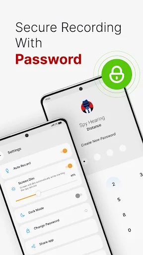 Secure recording with password protection showing green lock icon and settings interface for creating and changing recording access passwords
