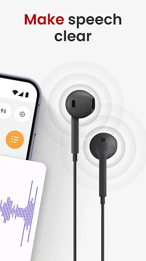Make speech clear feature showing two earbuds with sound wave amplification rings for audio clarity and voice enhancement