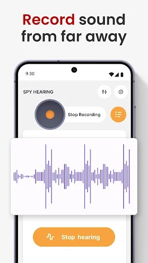 Record sound from far away with recording interface showing waveform display and stop hearing button for long-distance audio capture