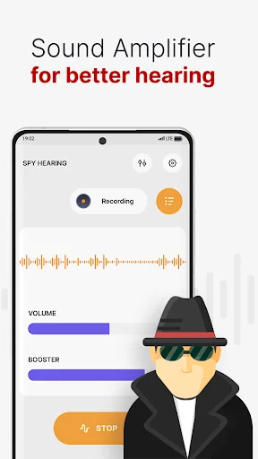 Sound amplifier interface showing volume and booster controls with enhance audio visualization for improved distant hearing capability