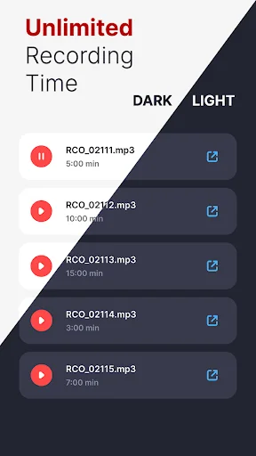 Unlimited recording time feature with dark and light theme toggle displaying saved MP3 files with various duration recordings