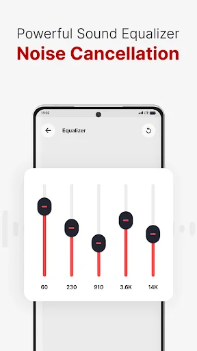 Powerful sound equalizer noise cancellation with frequency sliders at 60, 230, 910, 3.6K, and 14K Hz for audio filtering