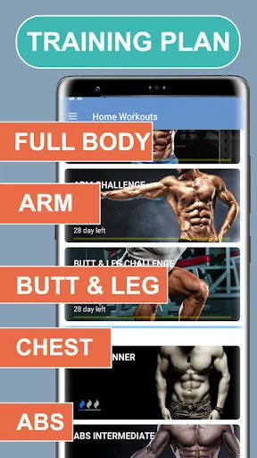 Training plan menu listing workout programs: Full Body, Arm, Butt & Leg, Chest, and Abs with challenge durations
