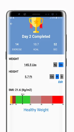 Day 2 completed workout stats showing 14 exercises completed, 10.7 calories burned, and BMI tracker with healthy weight range
